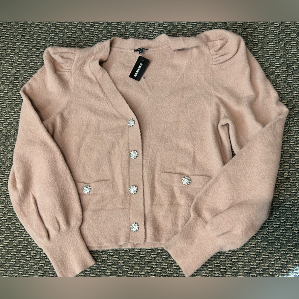 Express Blush Pink Puff Sleeve Cardigan with Rhinestone Buttons